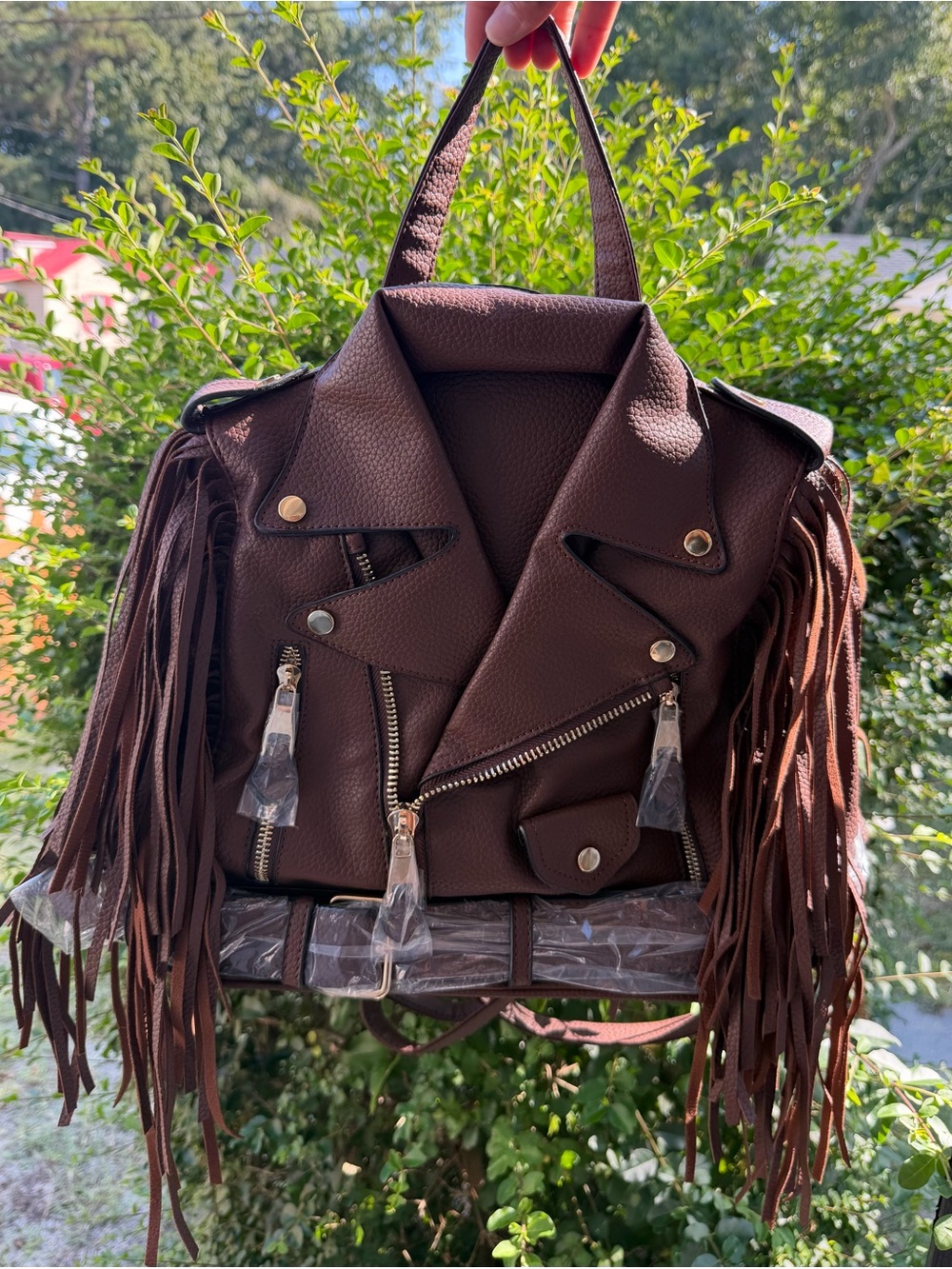 Fringed Vegan Leather Moto Tote backpack - Brown
